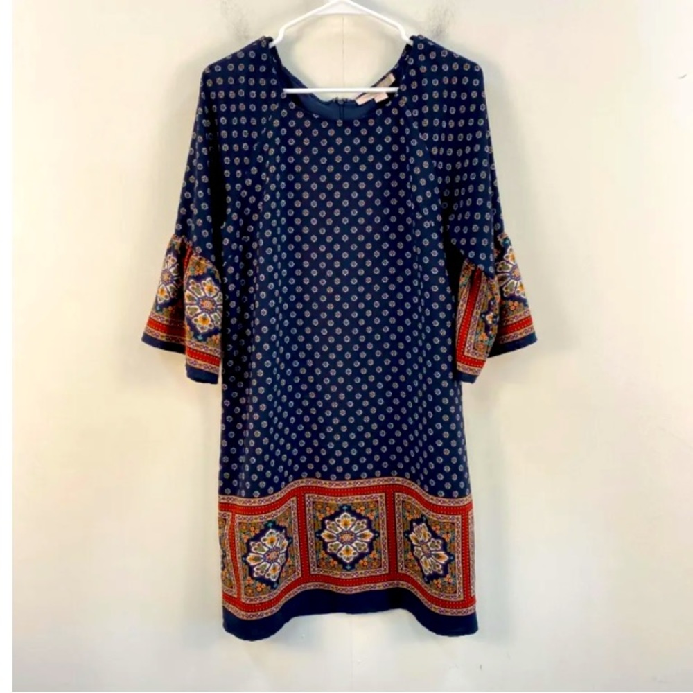 Forever 21 Boho Bohemian Navy Blue 3/4 Sleeve Printed Shift Dress